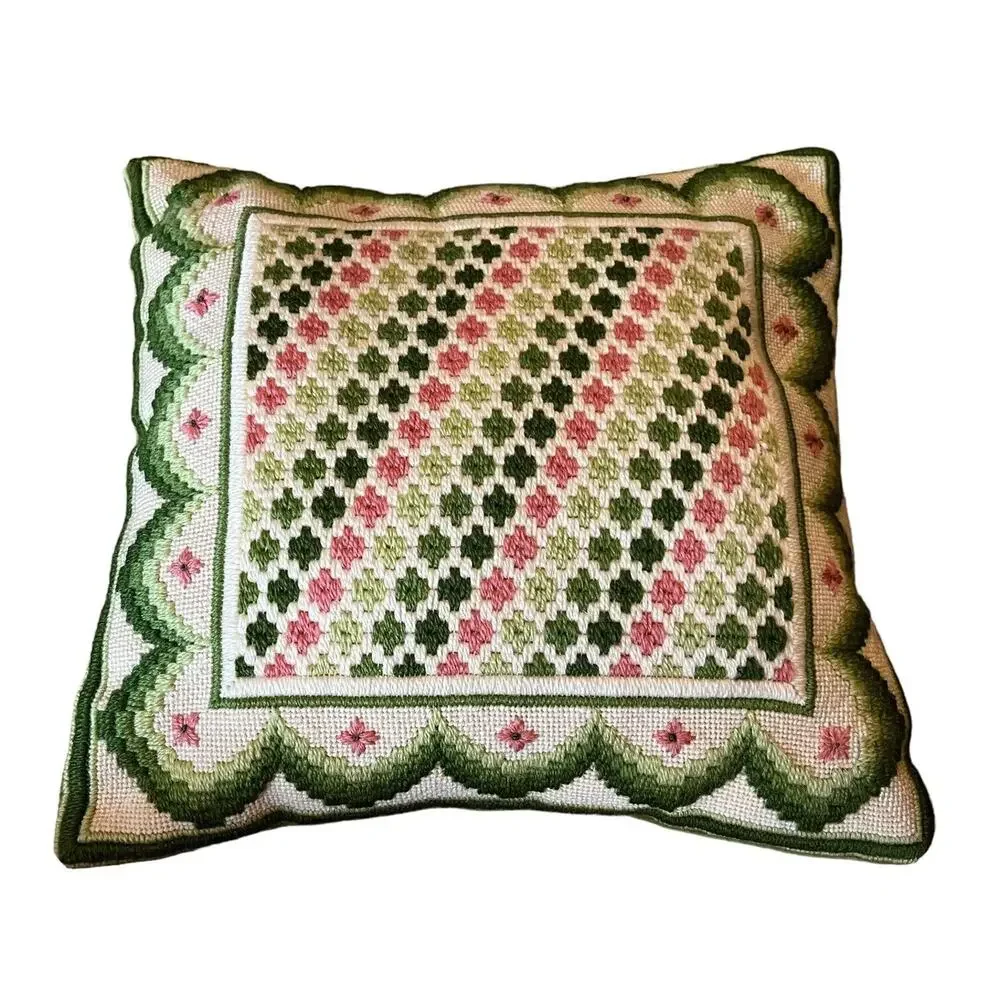 Vintage Crewel Green Pink Pair Of Pillows Matching 11x11” Velvet Backed Firm